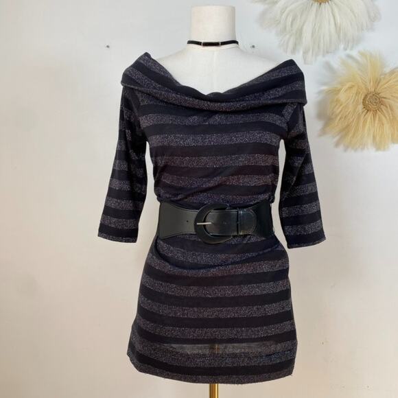 VTG Bongo Womens Y2K Striped Sweater Dress Size L Off Shoulder Belted Grunge - Picture 1 of 10